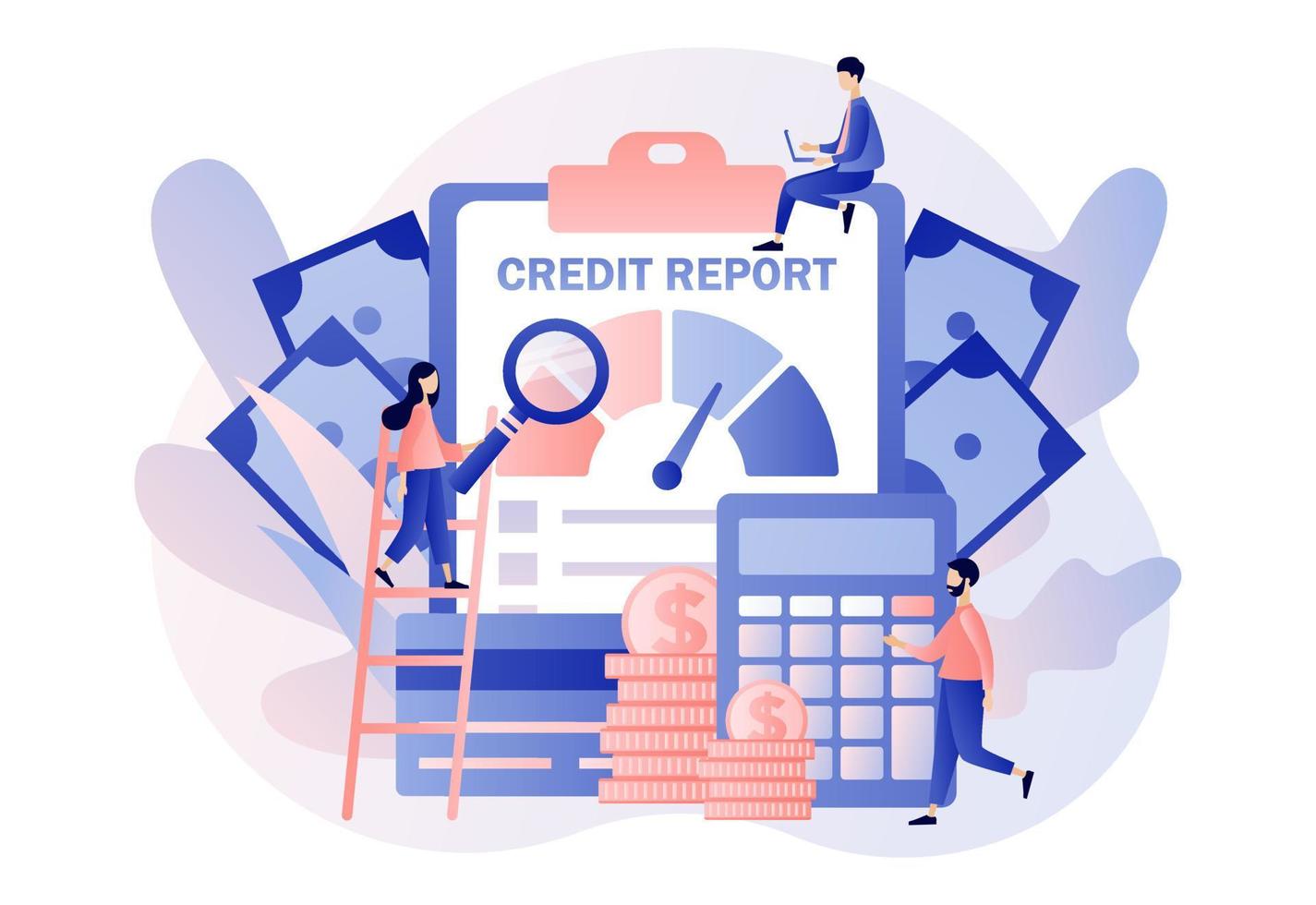 Credit report. Credit rating. Tiny people analysts credit risk control. Personal credit score information and financial rating. Modern flat cartoon style. Vector illustration on white background