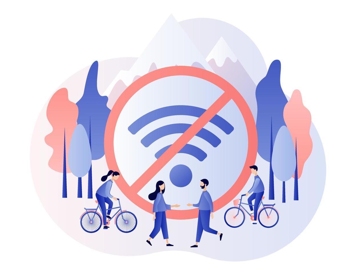 Digital detox. Big sign no Wi-Fi. Freedom from internet, smartphones and social media. Tiny people relax in nature. Modern flat cartoon style. Vector illustration on white background