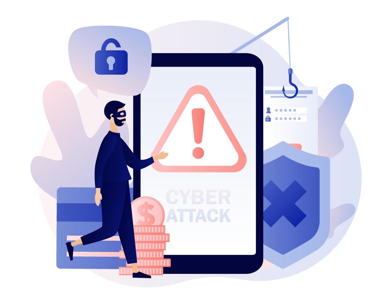 Internet hacker attack and personal data security concept. Attention sign on screen smartphone. Tiny anonymous hacker man attacking. Mobile security technology. Modern flat cartoon style. Vector