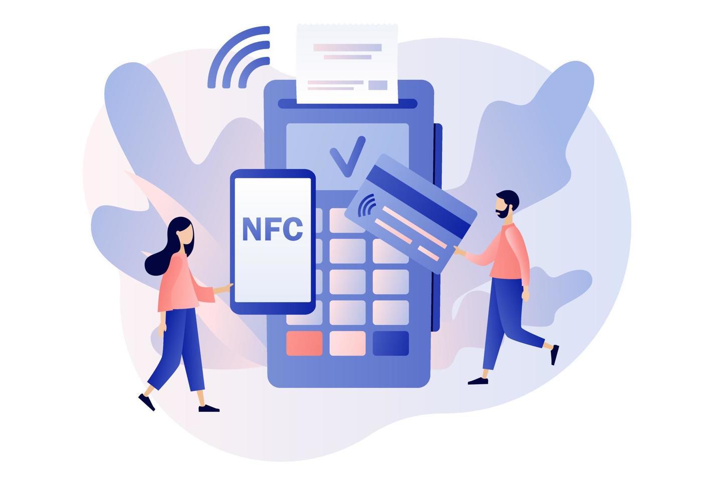 nfc pago. minúsculo personas utilizar pos-terminal y pago sistemas financiero actas, terminal y crédito tarjeta. en línea bancario. moderno plano dibujos animados estilo. vector ilustración en blanco antecedentes