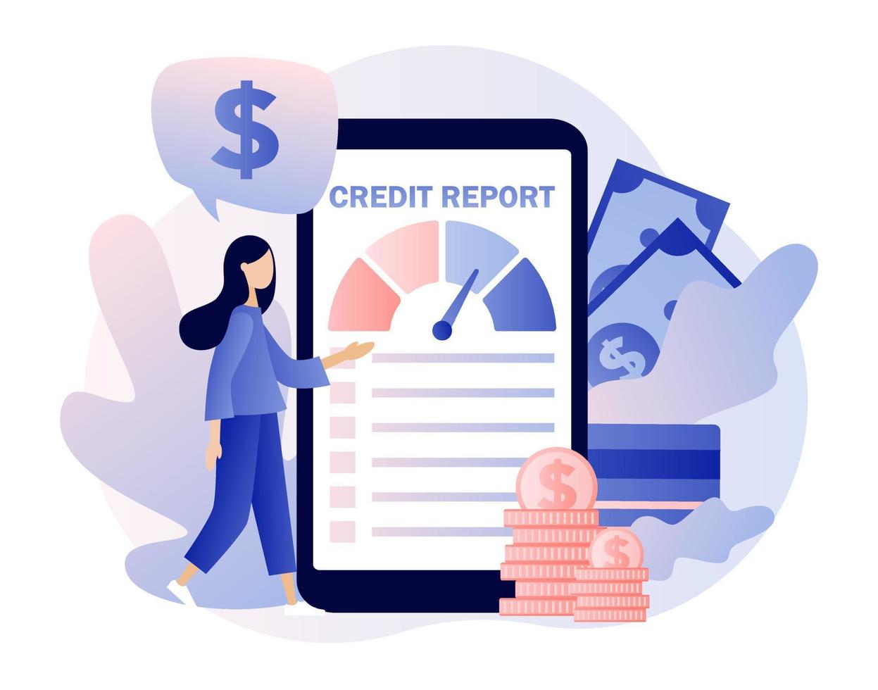 Credit report online. Credit rating in app. Personal credit score information. Tiny woman analysts credit risk control. Modern flat cartoon style. Vector illustration on white background