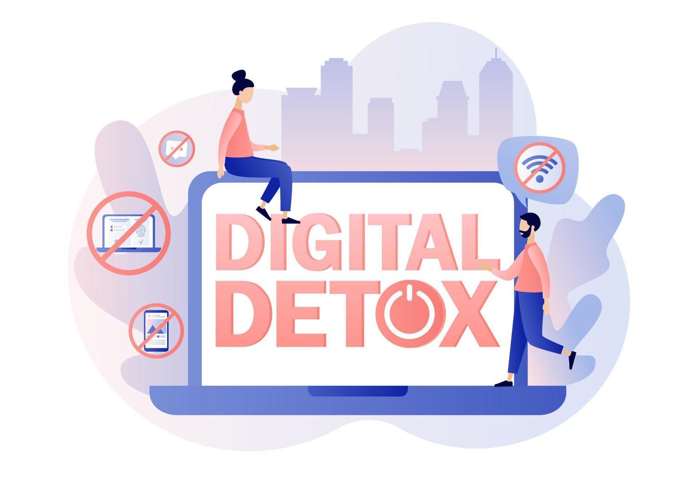 Digital detox. Freedom from internet, smartphones and social media. Tiny people relax in nature. Big text and Power button on laptop. Modern flat cartoon style. Vector illustration on white background