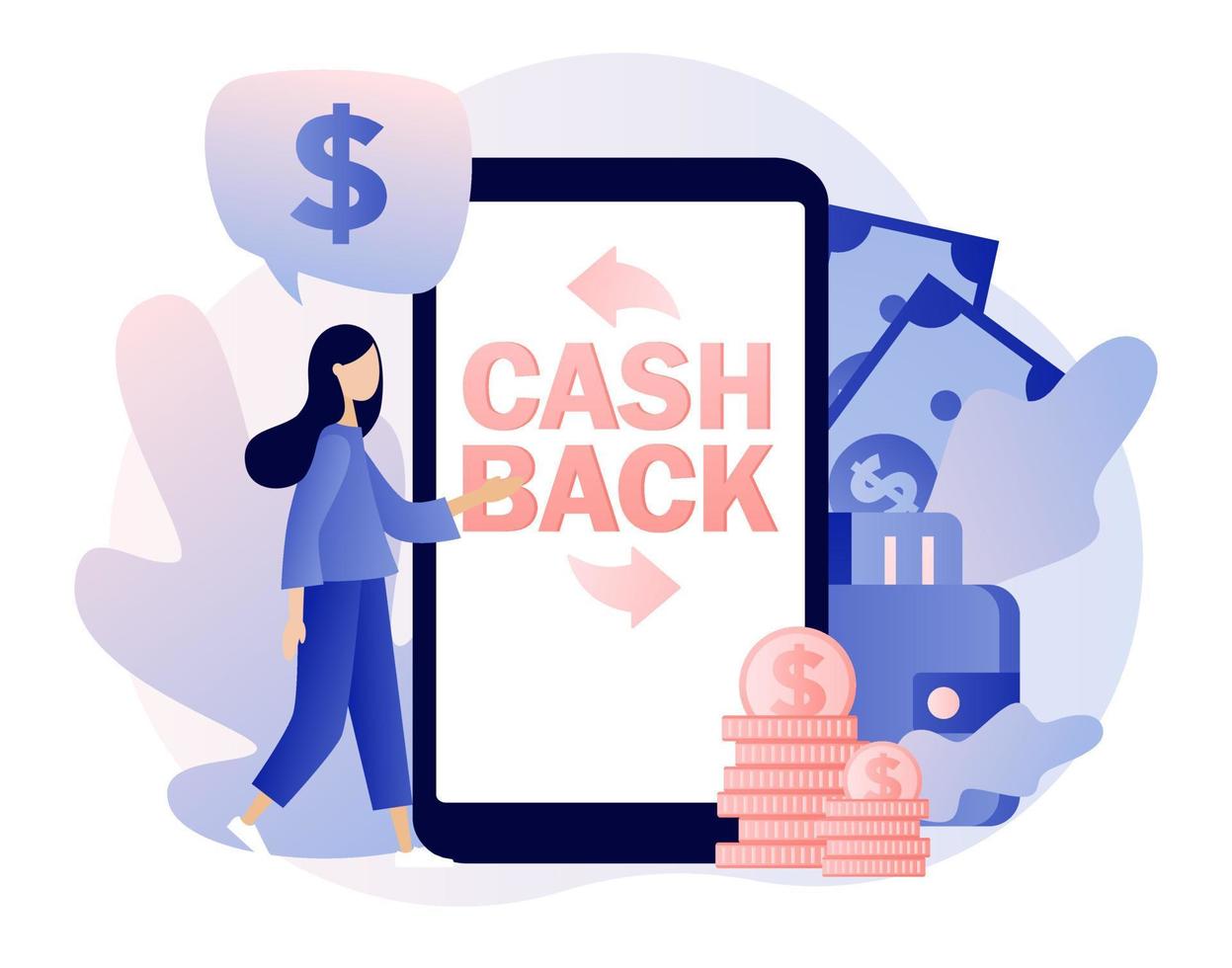 Cash back concept. Tiny girl refund money in app. Reward program, transfer money, online banking, online shopping, money growth. Modern flat cartoon style. Vector illustration on white background