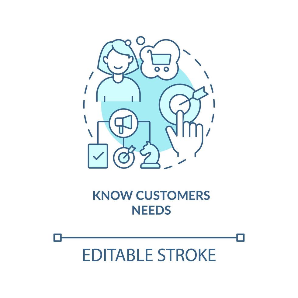 Knowing customers needs turquoise concept icon. Personalized marketing plan abstract idea thin line illustration. Isolated outline drawing. Editable stroke vector