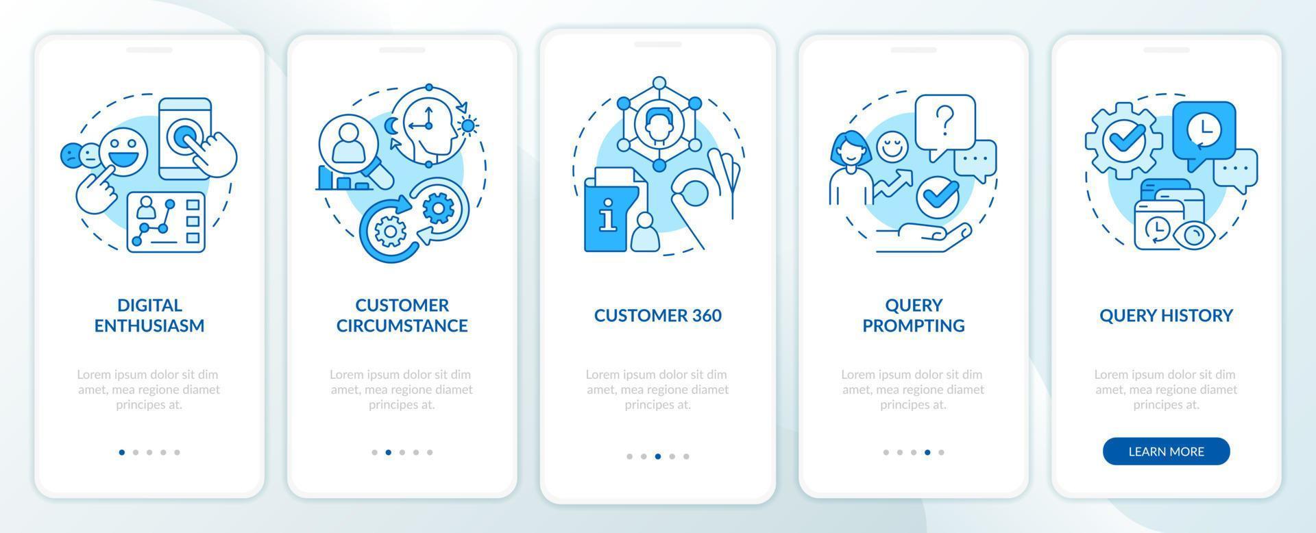 Improve customers experience blue onboarding mobile app screen. Walkthrough 5 steps editable graphic instructions with linear concepts. UI, UX, GUI template vector