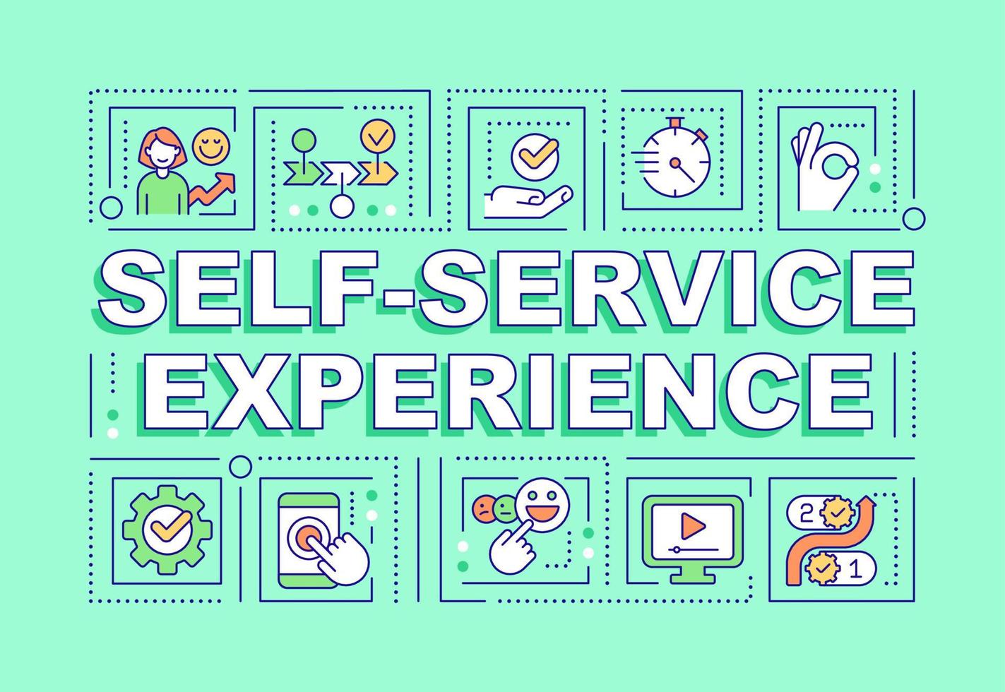 Self-service experience word concepts blue banner. Virtual assistants. Infographics with editable icons on color background. Isolated typography. Vector illustration with text