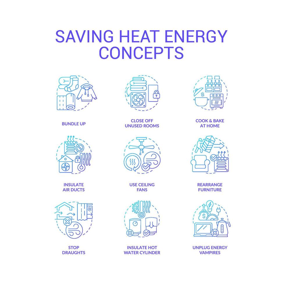 Consuming heat energy less blue gradient concept icons set. Save electricity. Prepare house for winter idea thin line color illustrations. Isolated symbols vector