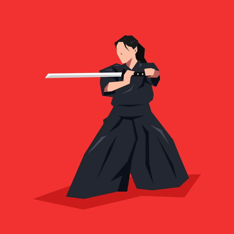 female samurai in kimono clothes holding katana. isolated on red background. concept of japanese, activity, tradition. cartoon flat vector illustration.