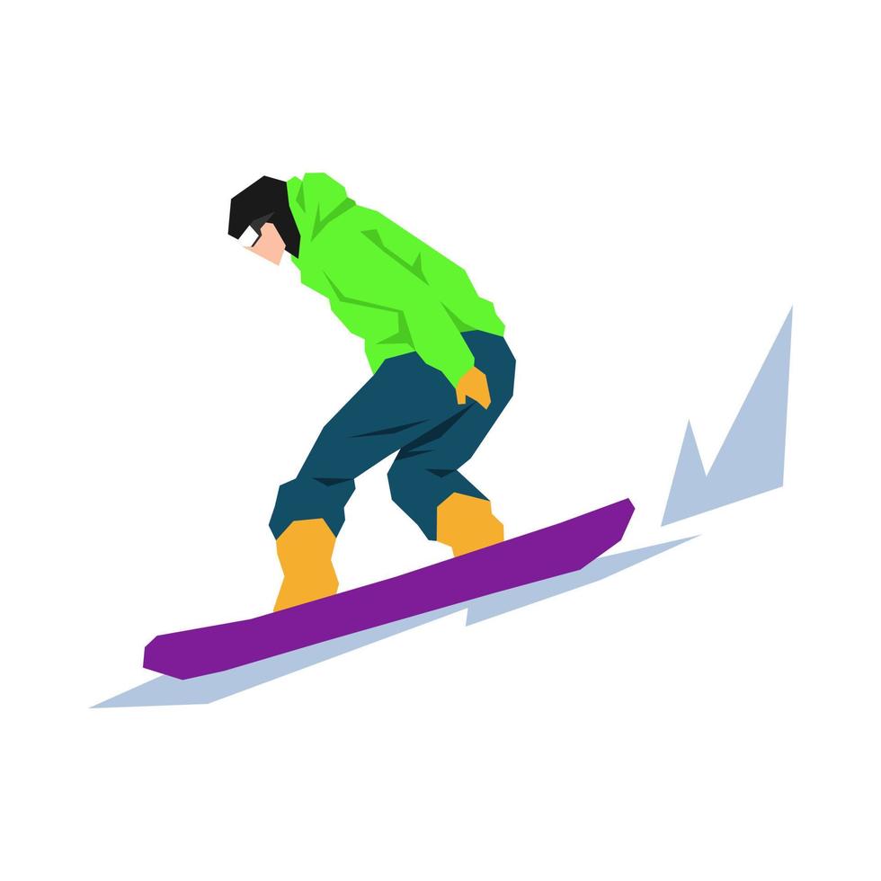 masculino snowboarder en acción en el nieve. extremo deporte, invierno. lado vista. dibujos animados plano vector ilustración.