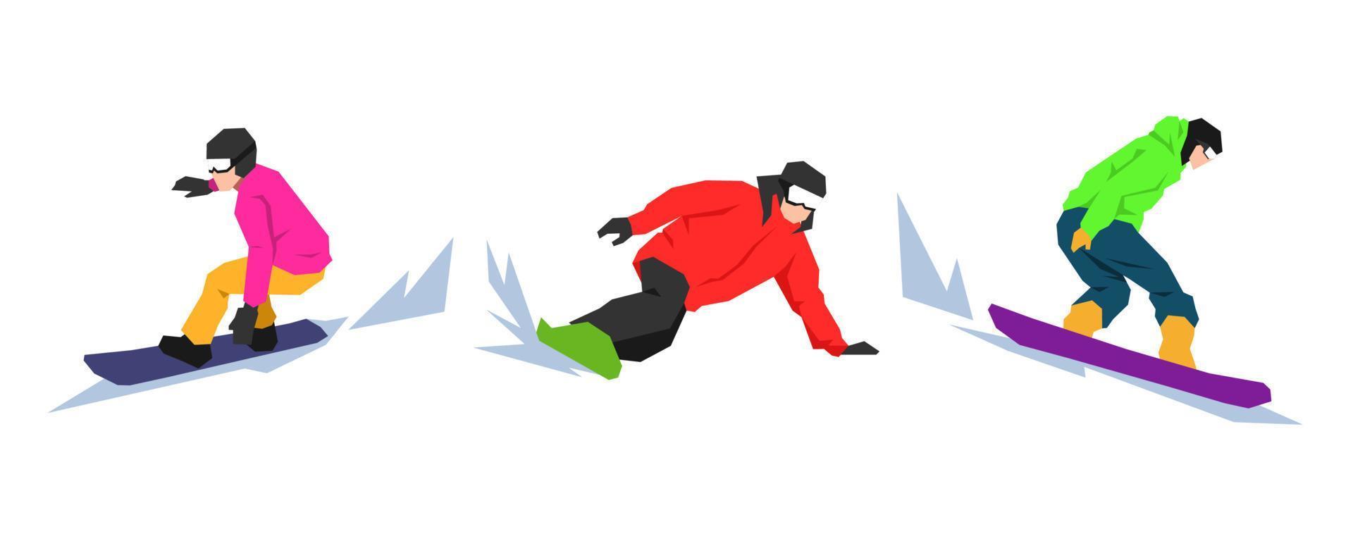 set of several male snowboarder in action with different poses, freestyle. extreme sport, winter. cartoon flat vector illustration.