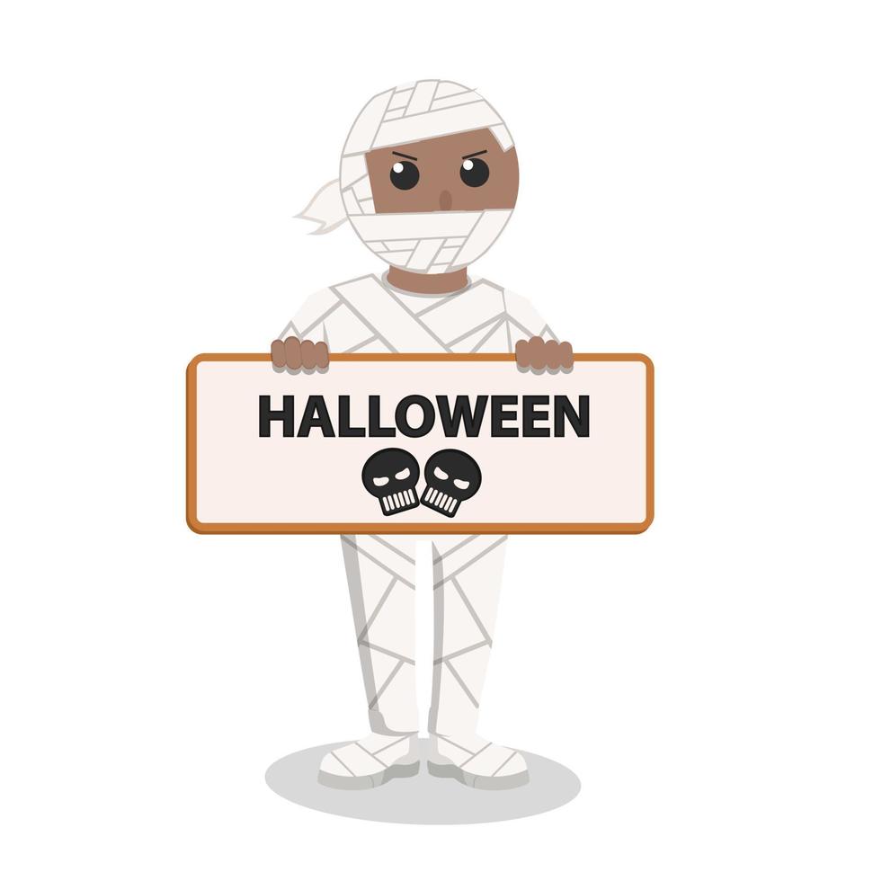 Man african With Mummy Costume holding sign halloween design character on white background vector