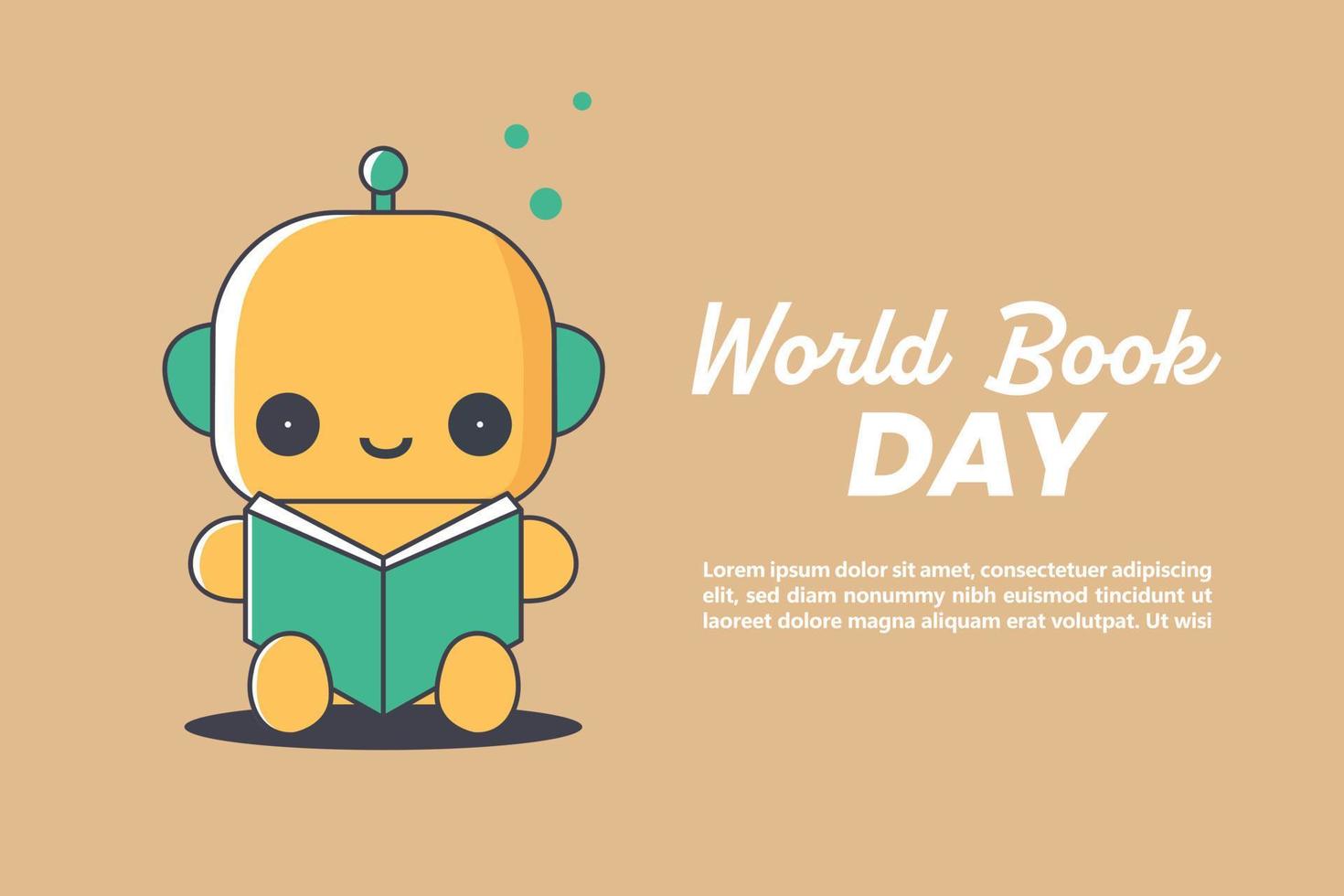 World book day flat illustration. Kawaii robot reading a book banner. vector