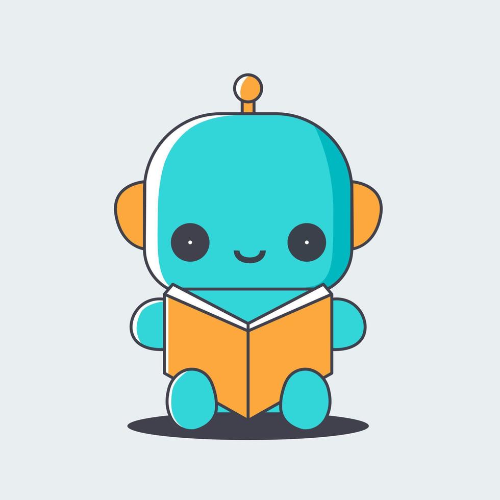 Kawaii robot reading a book flat illustration. World book concept. vector