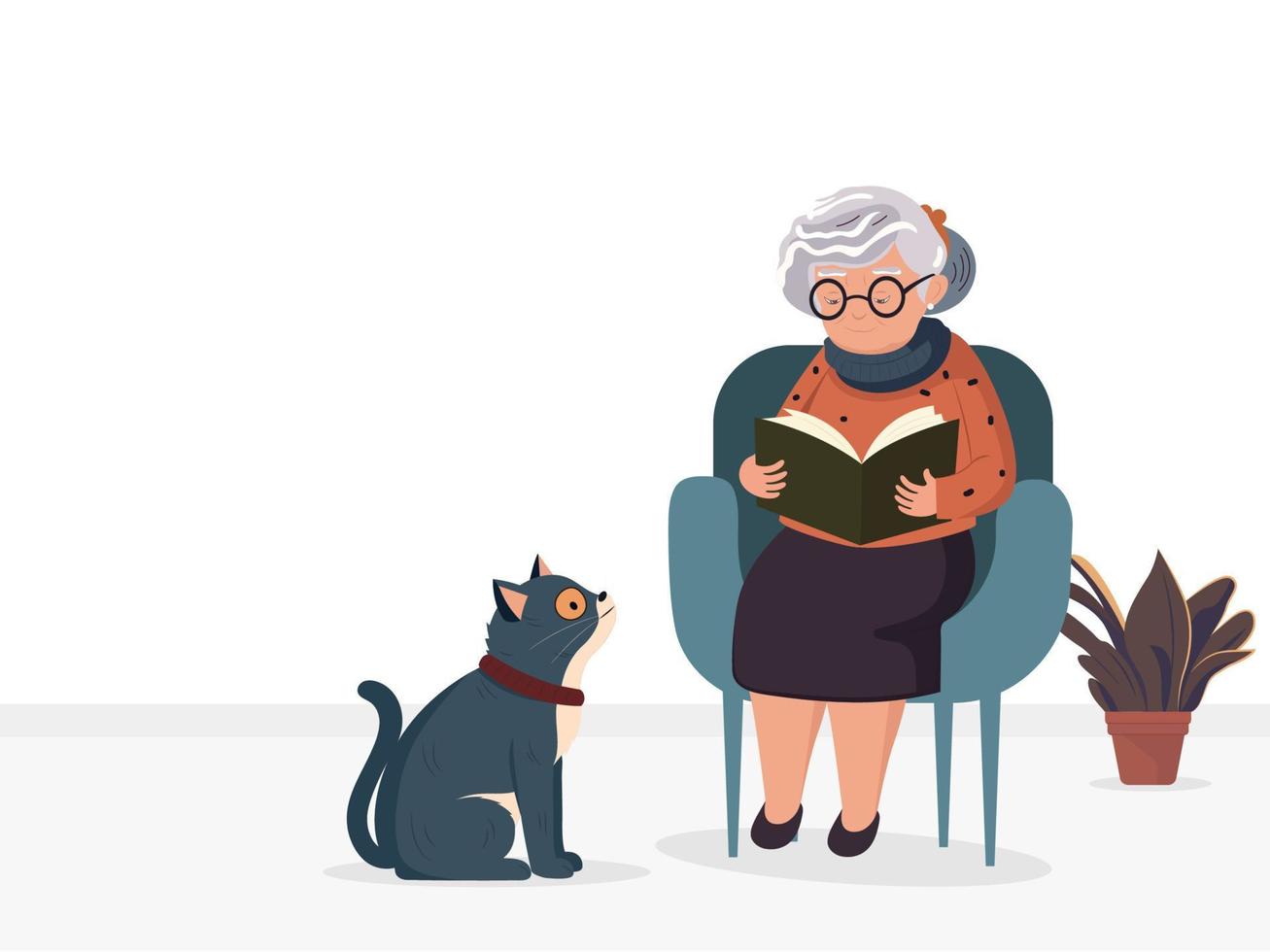 Elderly Woman Character Reading A Book On Armchair With Cute Cat, Plant Vase On White Background And Copy Space. vector