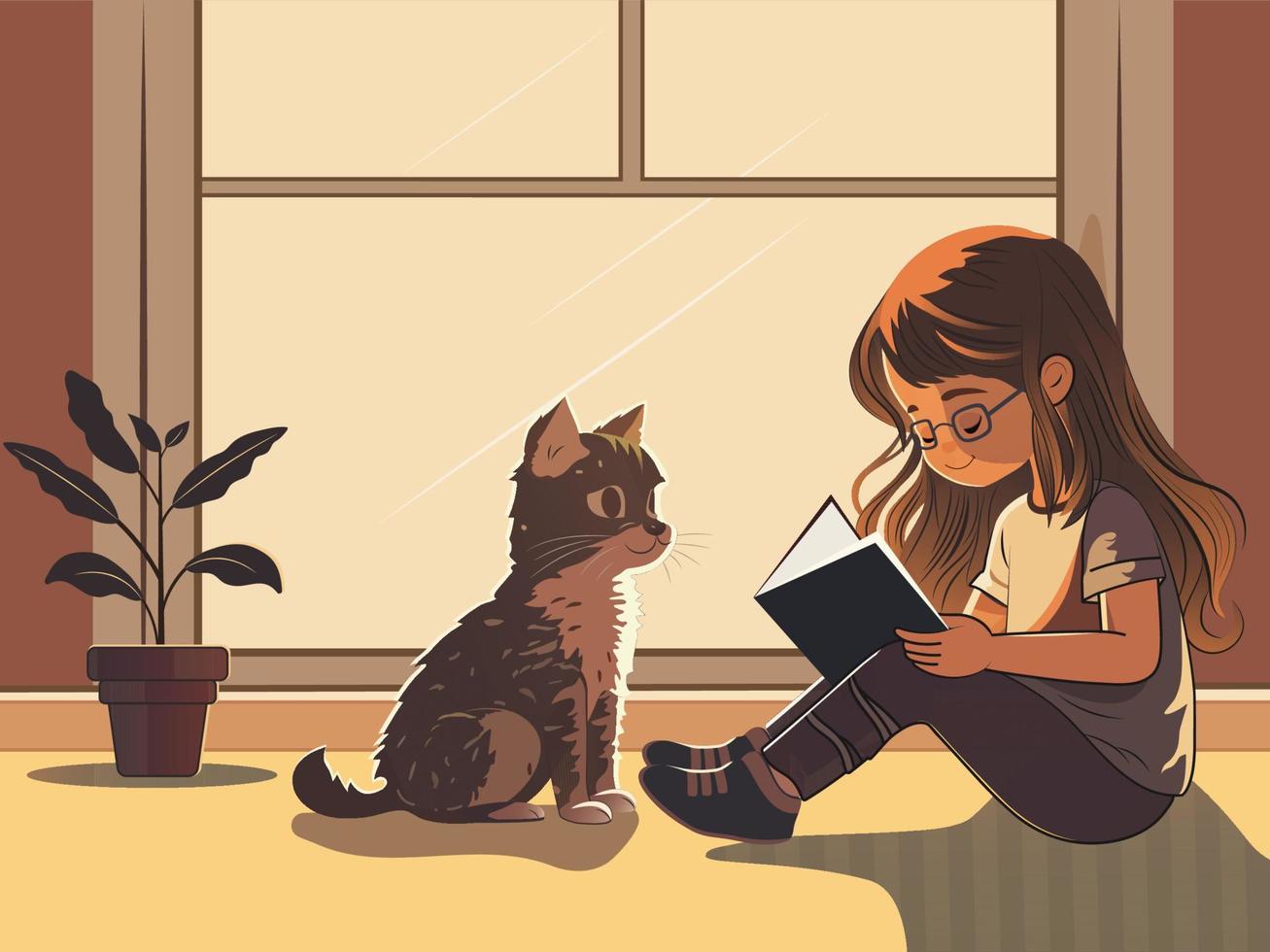 Young Girl Character Reading A Book With Cute Cat Sitting, Plant Vase On Window Brown And Yellow Background. vector