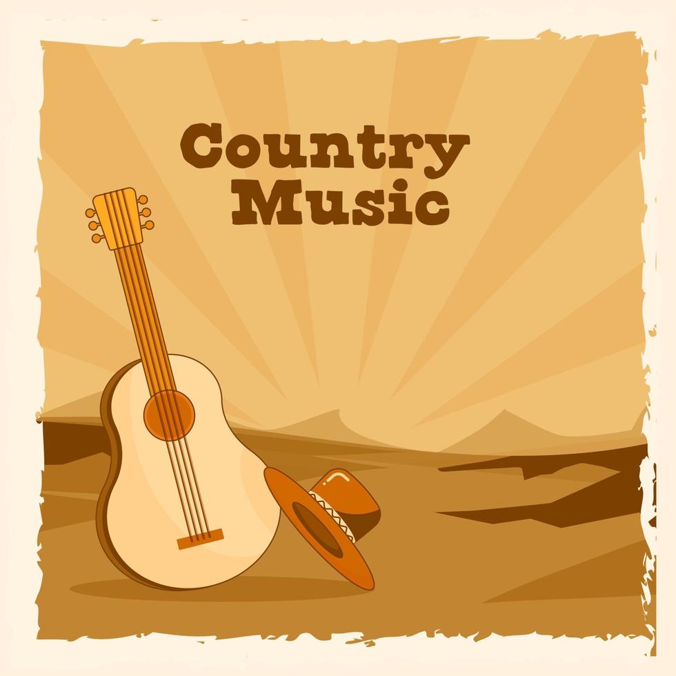 Country Music Poster Design With Guitar, Cowboy Hat On Retro Style Sand Landscape And Rays Background. vector