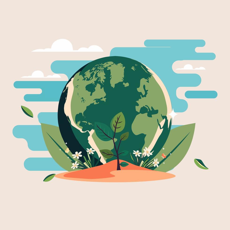 verde tierra globo con floral plantas en resumen antecedentes y Copiar espacio. vector