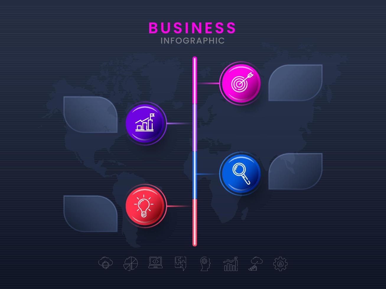 World Map Business Infographic Timeline Template With Icons And Glass Tags or Labels Space For Text. vector