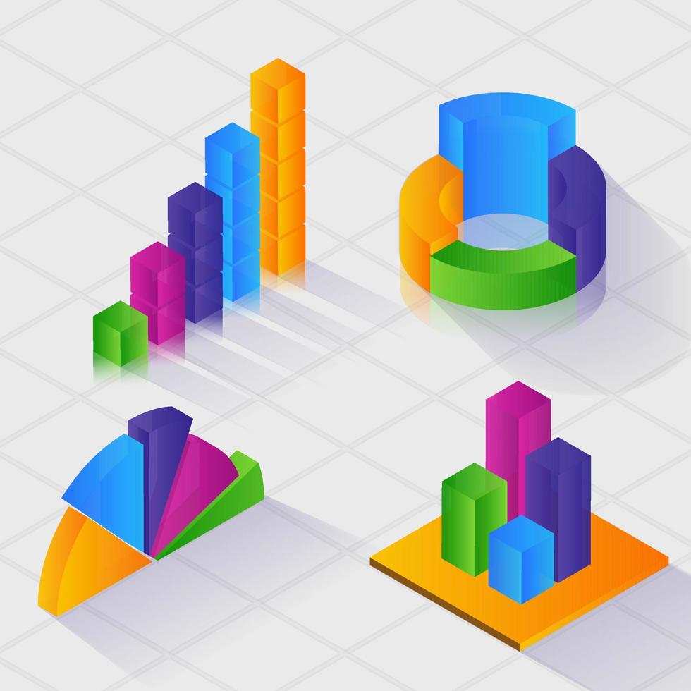 3D Render of Colorful Business Infographic Elements As Bar Graph, Pie Chart Against Gray Criss Cross Pattern Background. vector