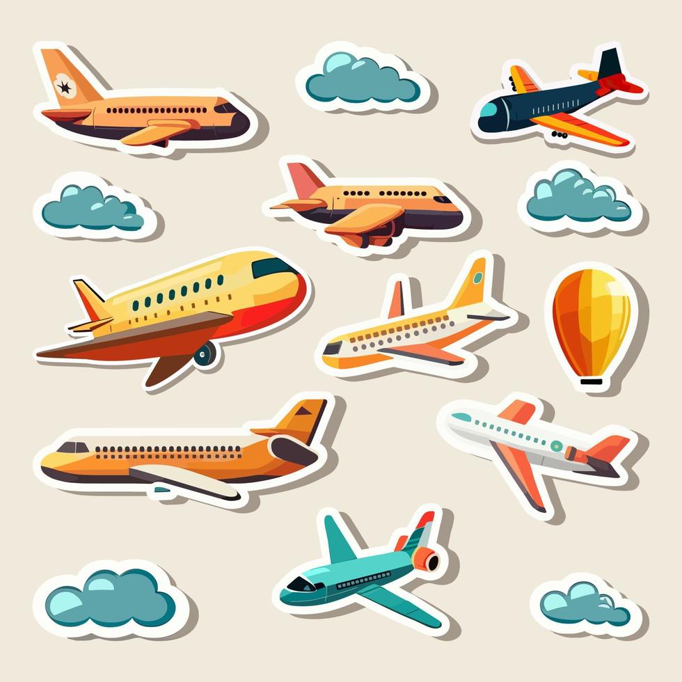 Set of Sticker Style Airplanes And Clouds Elements On Peach Background. vector