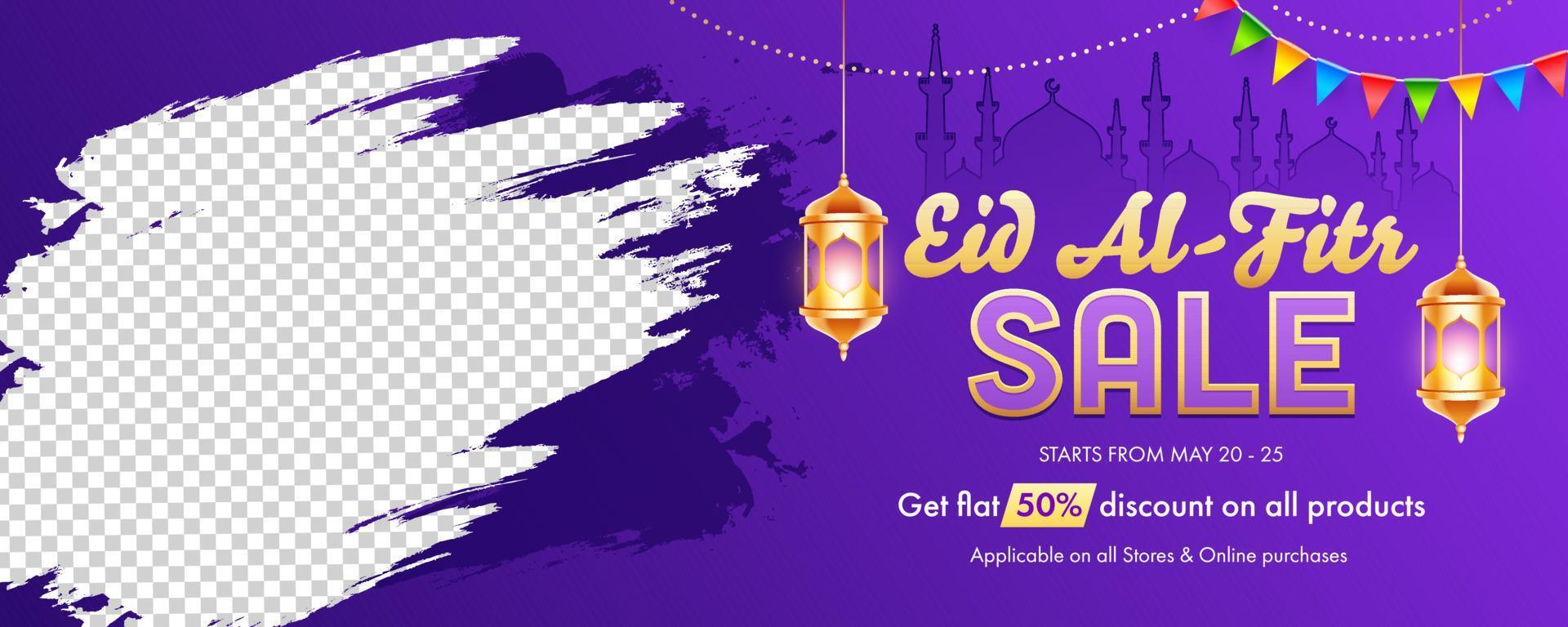 eid- al-fitr rebaja encabezamiento o bandera diseño con colgando dorado iluminado linternas, mezquita y espacio para producto imagen en púrpura antecedentes. vector