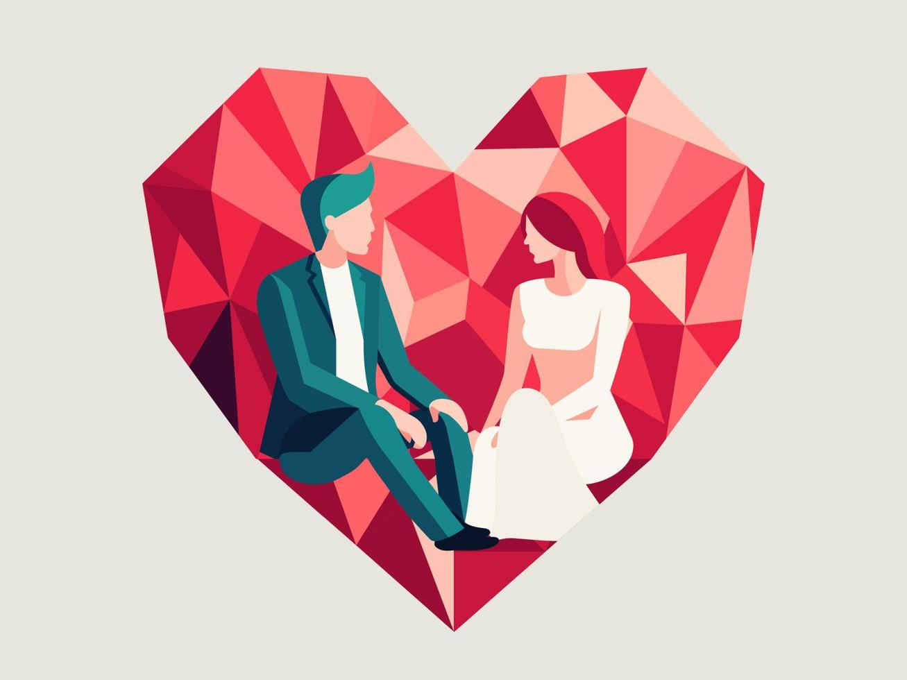 Faceless Young Couple Sitting On Polygonal Red Heart. vector