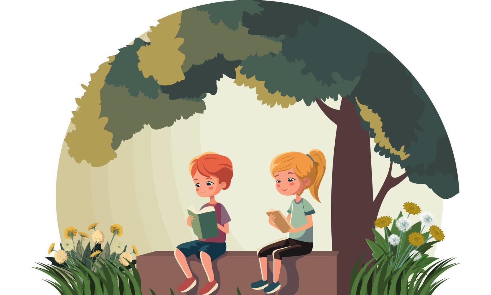Young Boy And Girl Character Reading Book Under The Tree And Floral On White Background. vector