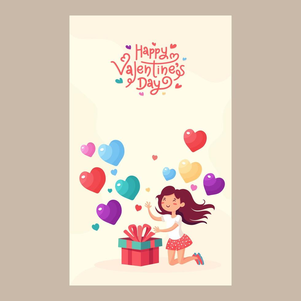 Happy Valentine's Day Concept With Cute Girl Character, Gift Box And Colorful Heart Shapes Decorated On Light Yellow Background. vector