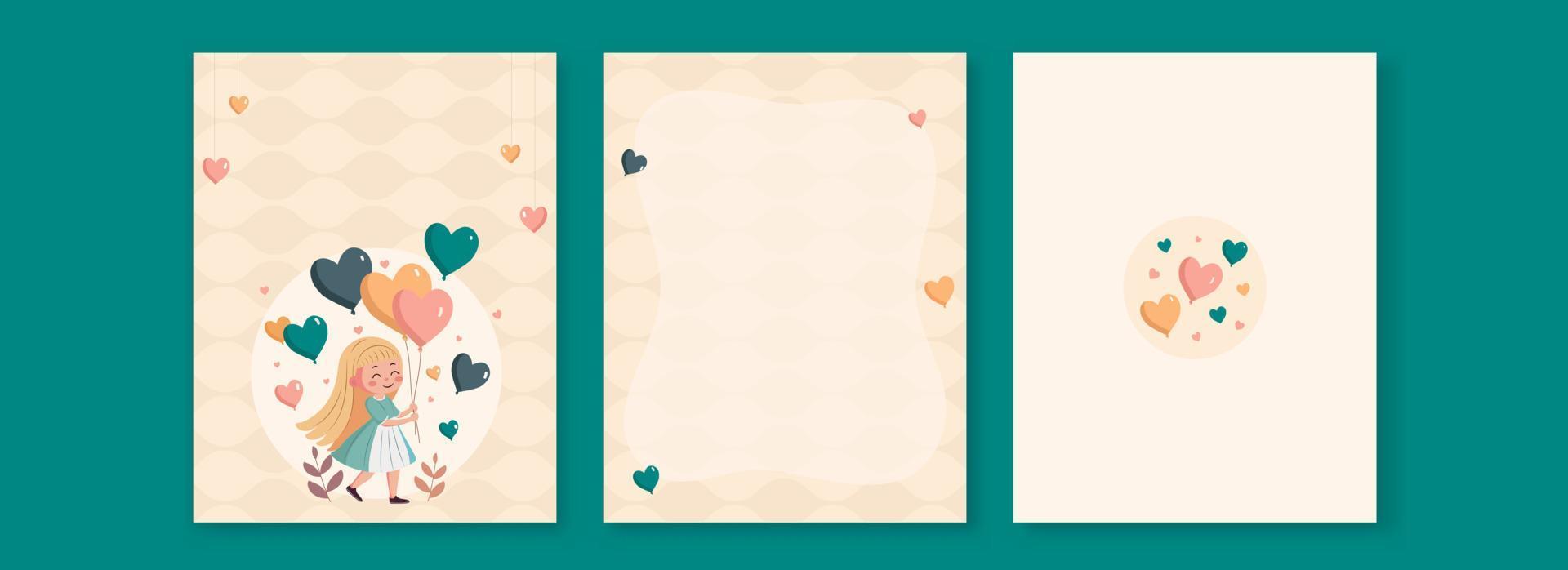 amor saludo tarjetas con linda niña personaje caminando, corazón globos y espacio para texto o mensaje. vector