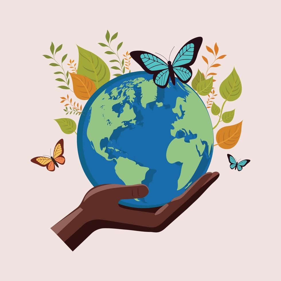 Human Hand Holding Earth Globe With Leaves And Beautiful Butterflies On Pastel Beige Background. vector