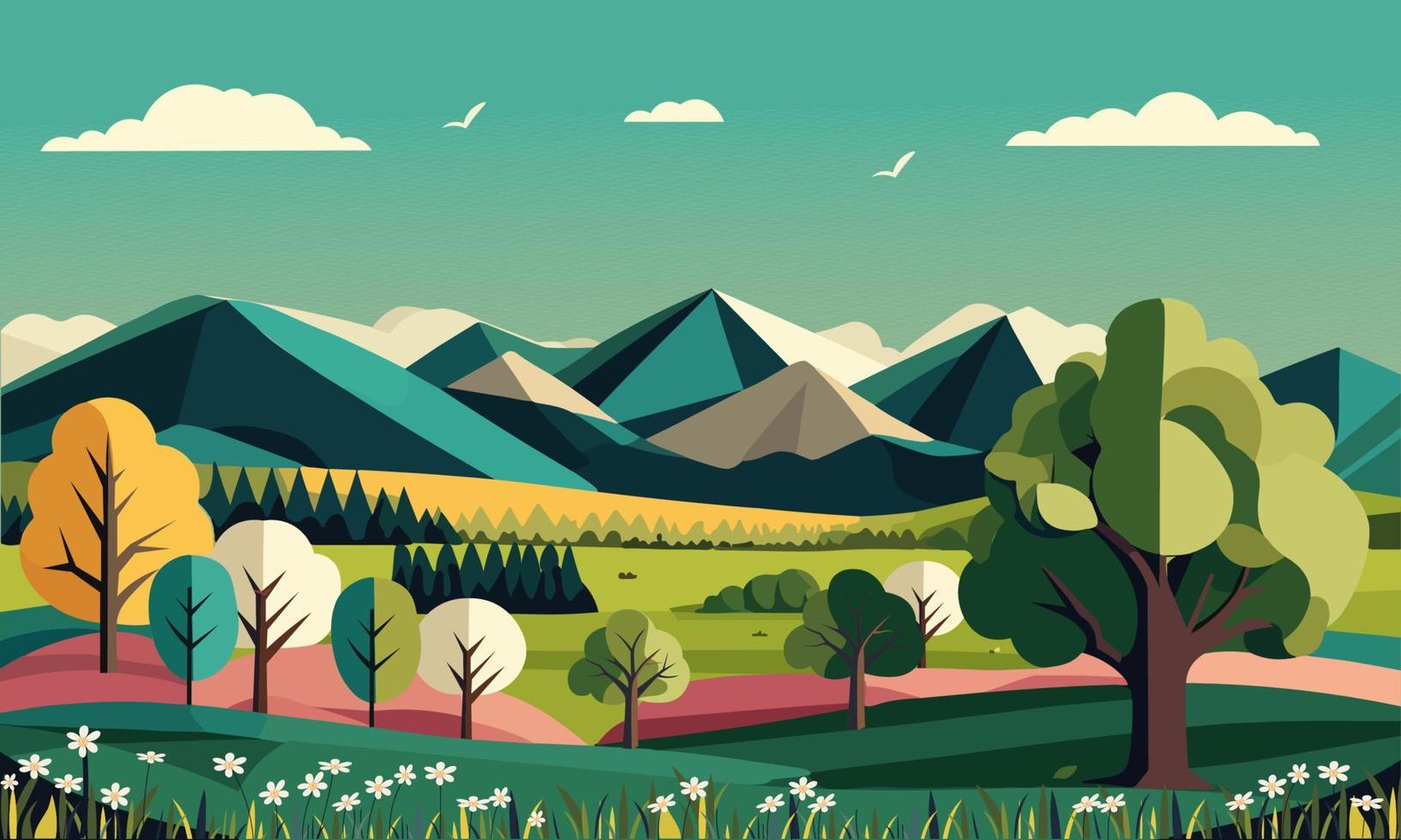 vistoso naturaleza paisaje antecedentes con montañas, arboles y floral. vector