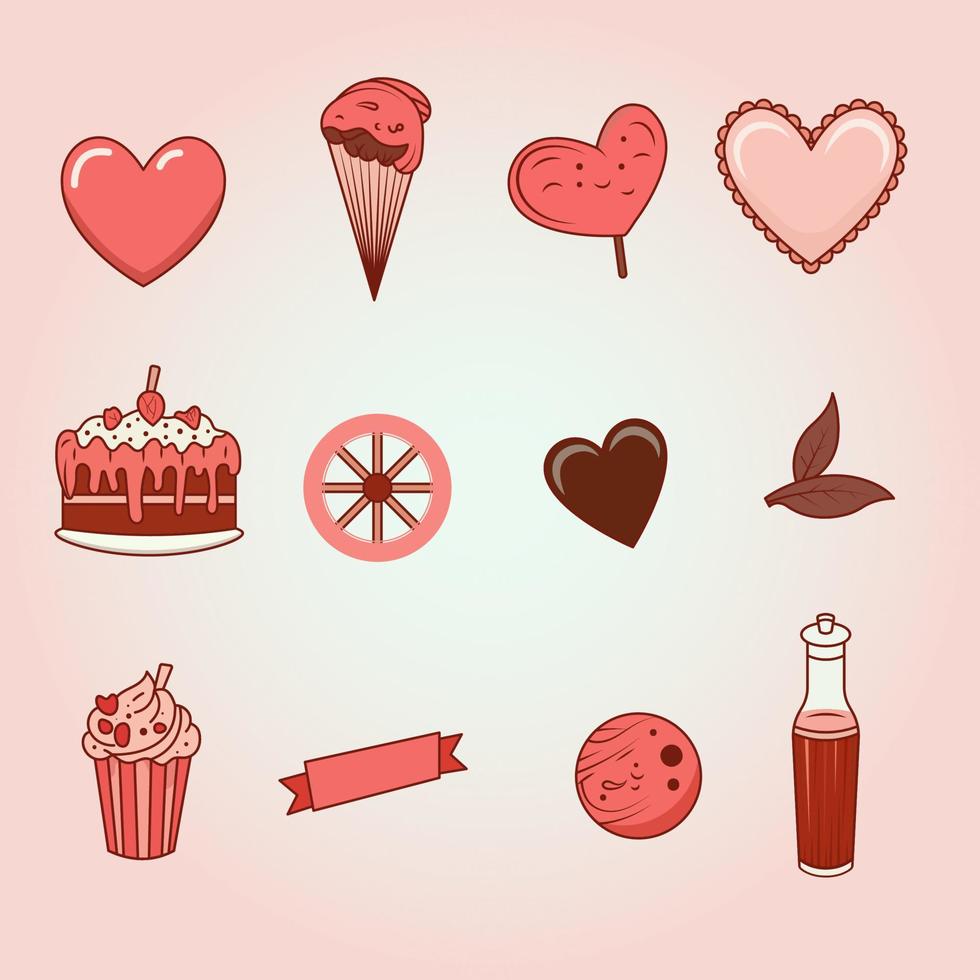 plano estilo rápido alimento, suave beber, corazón forma elementos en pastel rosado antecedentes para san valentin o amor concepto. vector