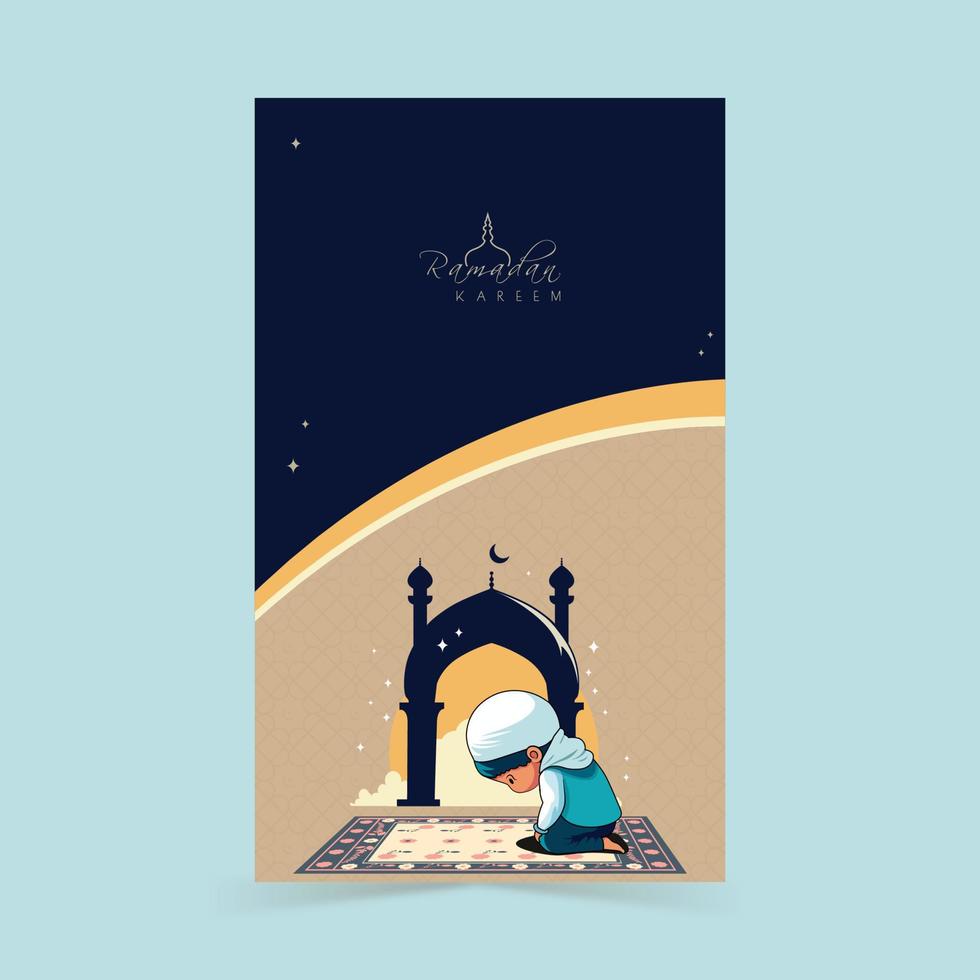 Ramadán kareem vertical bandera diseño con musulmán chico ofrecimiento namaz en estera en frente de mezquita. vector