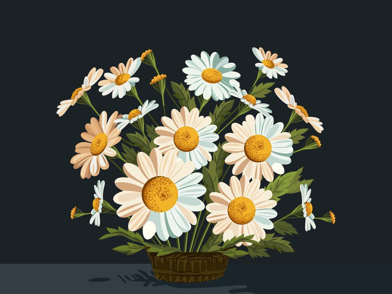 Beautiful Daisies Bouquet In Basket Against Black Background. vector