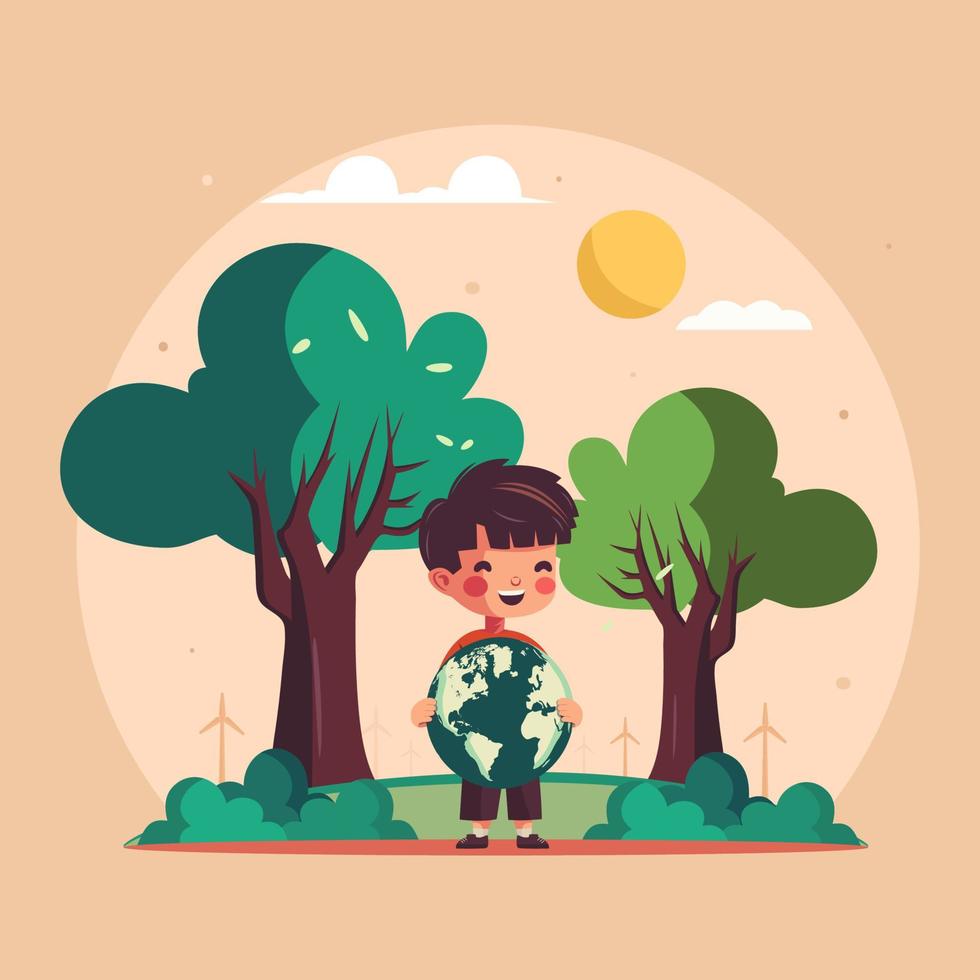 Cheerful Boy Character Holding Earth Globe On Sun Nature Background. Save Earth or World Environment Day Concept. vector