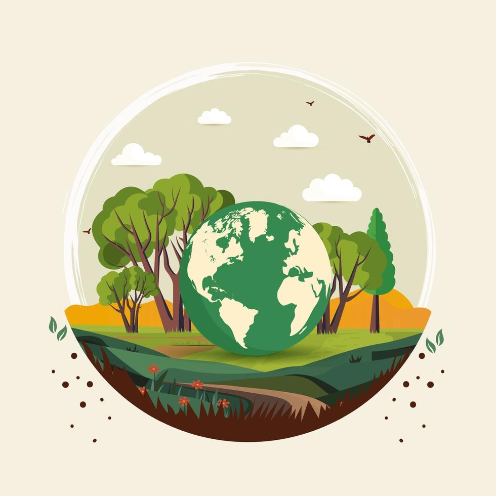 Circular Shape Nature Landscape Background And Earth Globe Illustration. vector