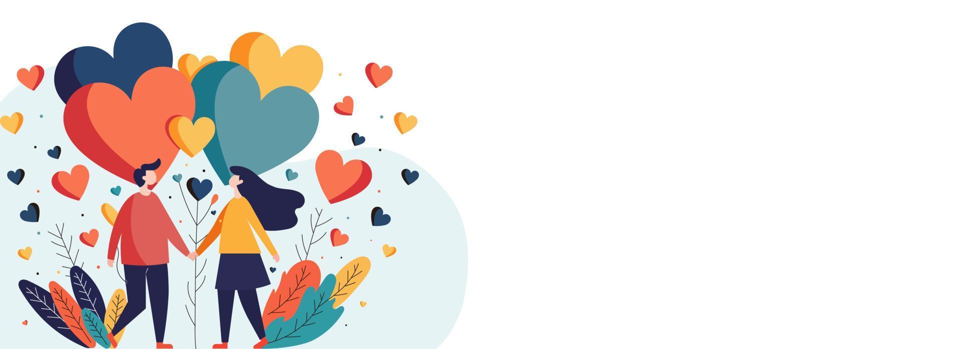 Vector Young Couple Holding Hands Together With Colorful Hearts, Leaves Decorated Background And Copy Space. Valentine's Day Banner Or Header Design.