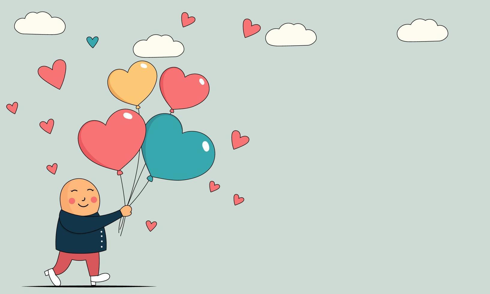 caminando linda chico con vistoso corazón forma globos, nubes en gris antecedentes y Copiar espacio. amor o enamorado concepto. vector