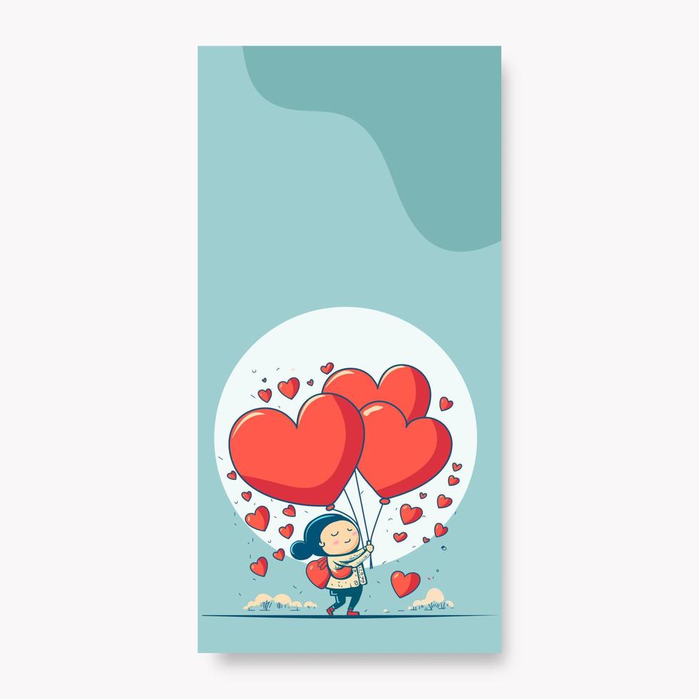 Cute Little Girl Character Holding Hearts Balloons With Trees On Paste Blue Background And Copy Space. Love or Valentine's Day Concept. vector