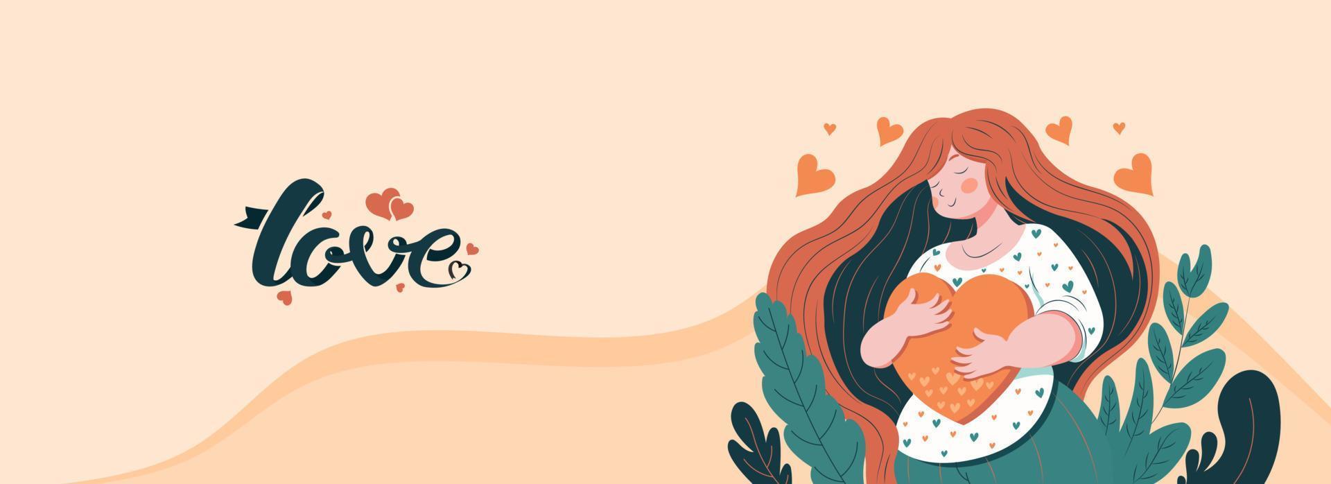 joven niña abrazando un corazón y hojas en pastel naranja antecedentes. amor o contento San Valentín día concepto. vector