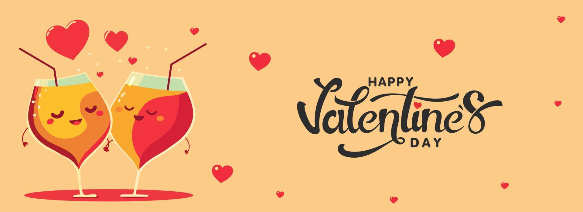 Happy Valentine's Day Banner Design With Cheerful Cocktail Glasses Couple Cheering On Hearts Decorated Background. vector