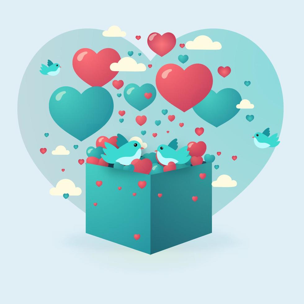 corazón formas viniendo fuera de caja con adorable aves parejas, nubes en ligero azul antecedentes. San Valentín día o amor concepto. vector