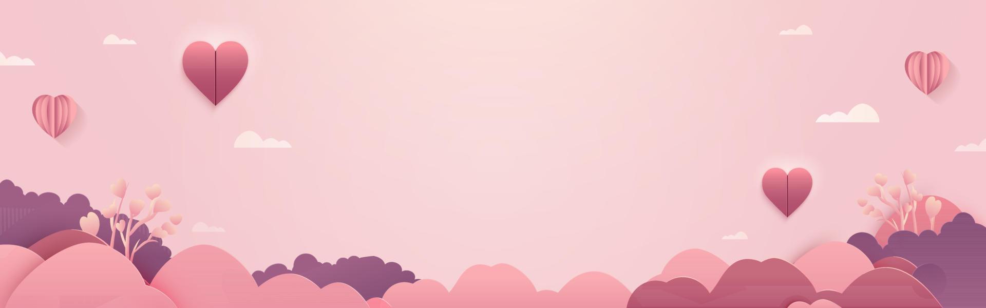 Origami Paper Heart Shapes With Clouds, Love Plants And Copy Space On Pastel Pink Background. vector