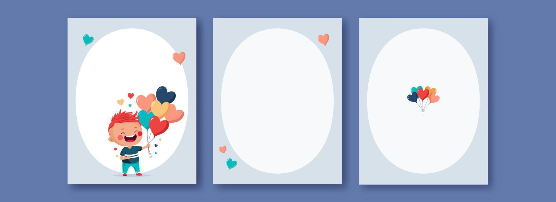 Greeting Card Templates Layout With Space For Text, Funny Boy Character Holding Bunch of Colorful Heart Balloons. vector