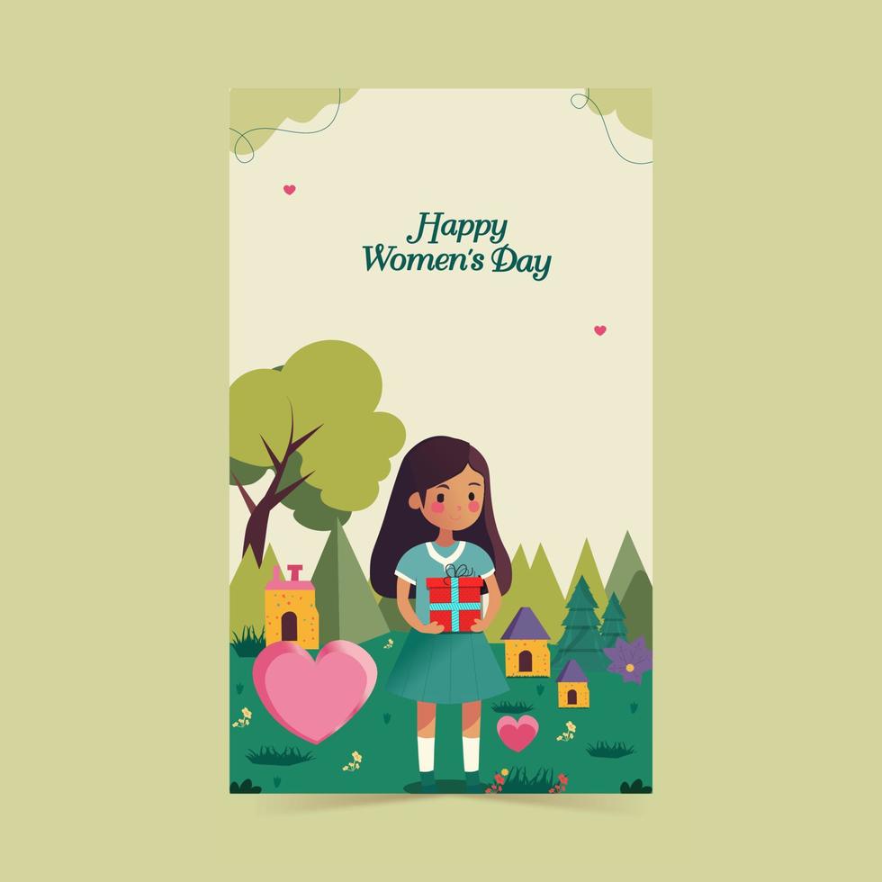 Happy Women's Day Vertical Banner With Young Girl Character Holding A Gift Box On Residential Nature Background. vector