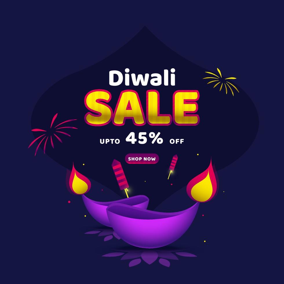Diwali Sale Poster Design With Discount Offer, Lit Oil Lamps And
