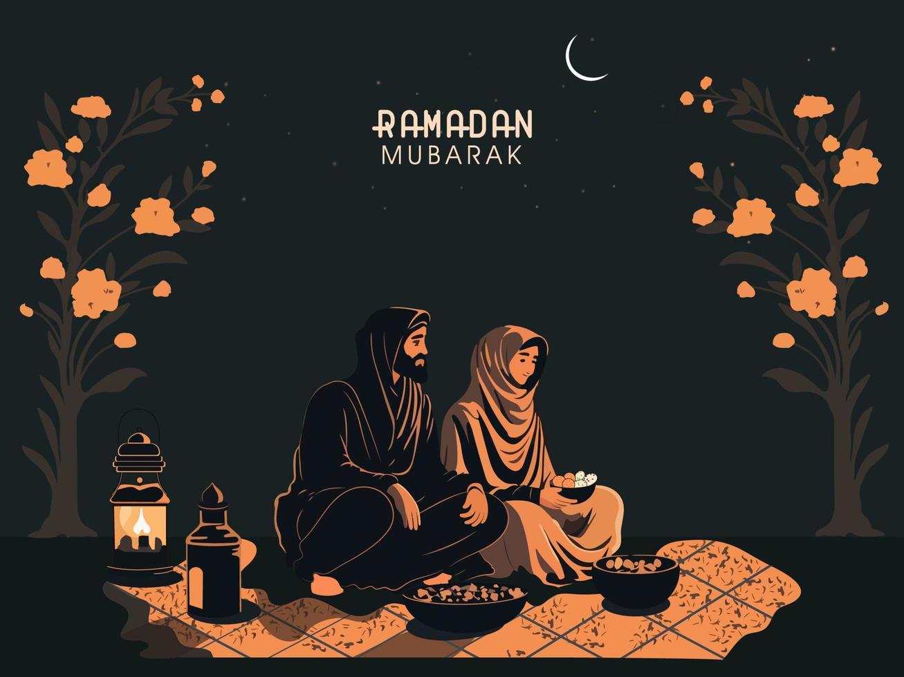 Ramadán Mubarak saludo tarjeta con musulmán Pareja personaje disfrutando delicioso comida en creciente Luna noche antecedentes. vector