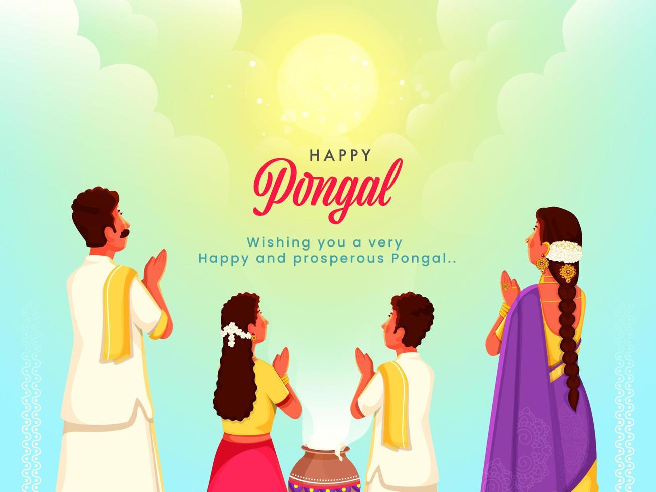 Illustration Of South Indian Family Doing Sun, God Worship On Gradient Sky Blue Background For Pongal Celebration. vector