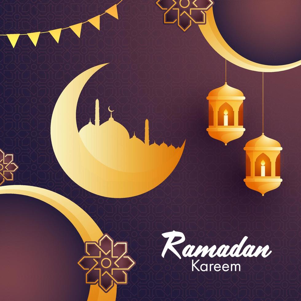 Golden crescent moon, mosque, hanging lanterns and floral patterns for Islamic holy month of prayers, Ramadan Kareem background. vector