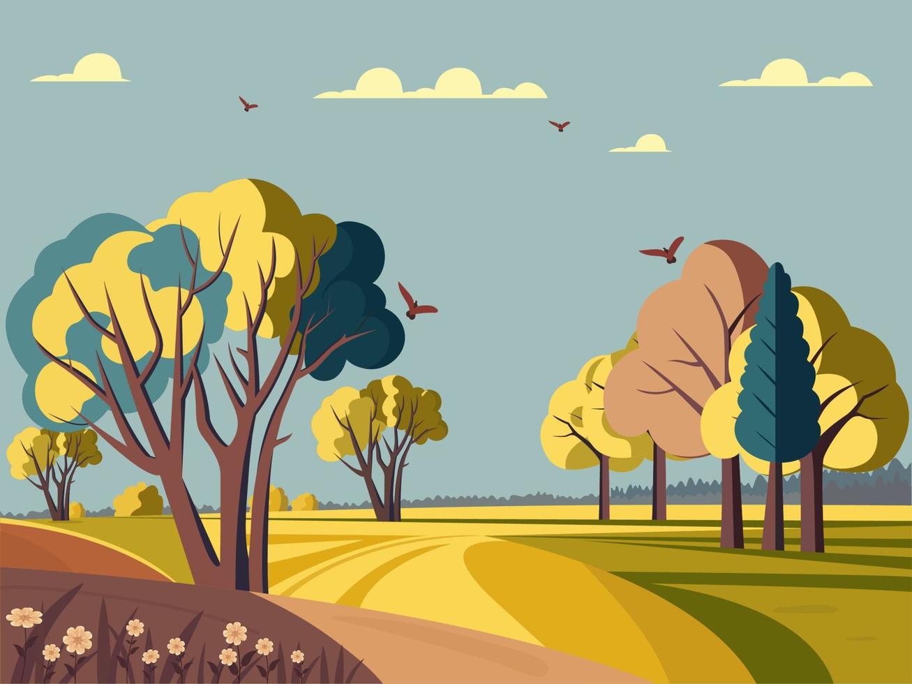 naturaleza paisaje antecedentes con árboles, florecer y volador aves. vector